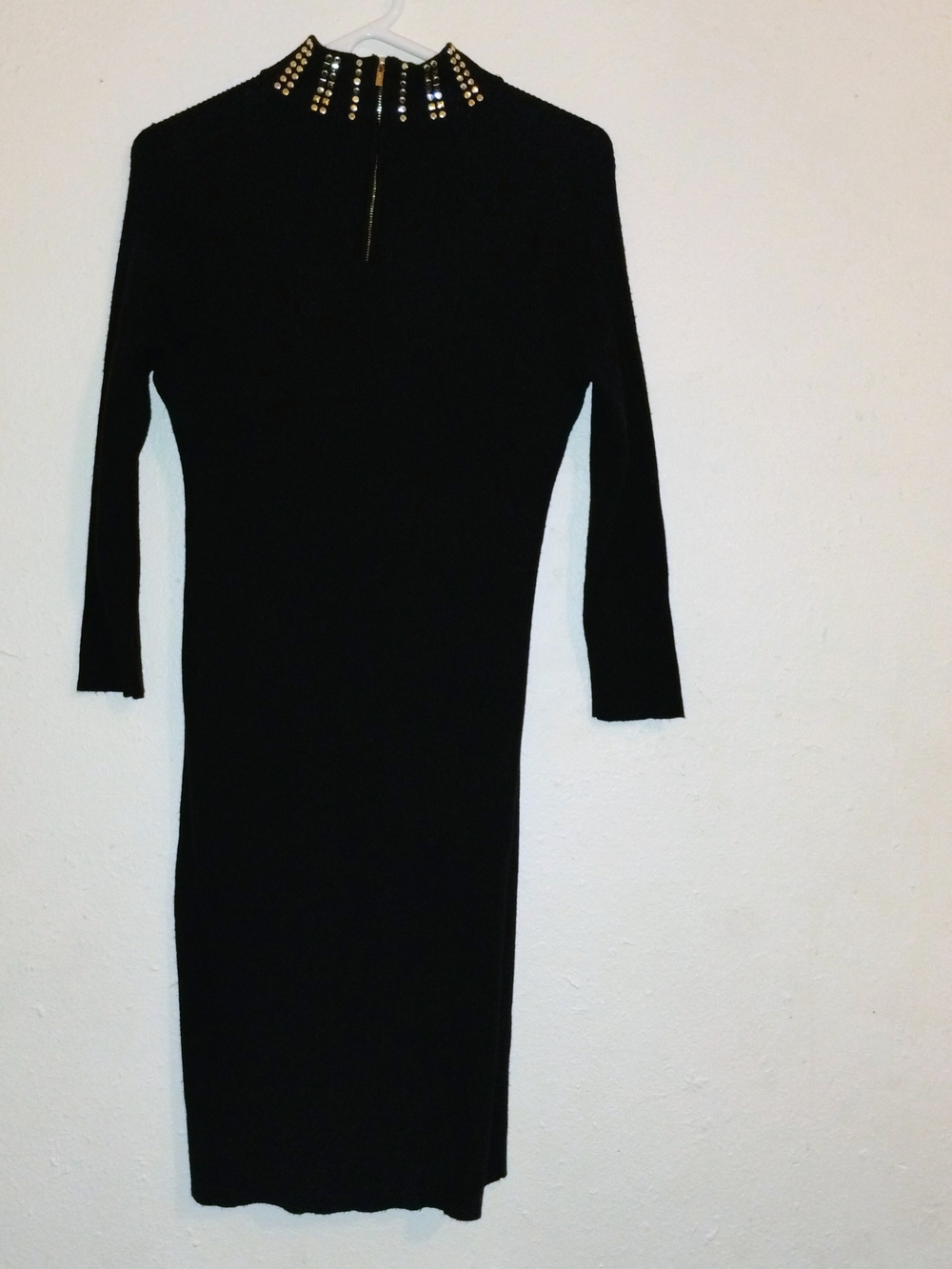 M/L Black Stud-Embellished Mock Neck Bodycon Dress